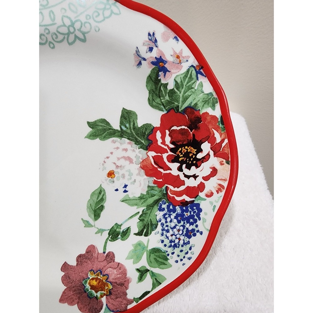 Pioneer Woman Red Trim Floral Flower Country Garden Dinner Plate 10" Scalloped - Picture 4 of 7